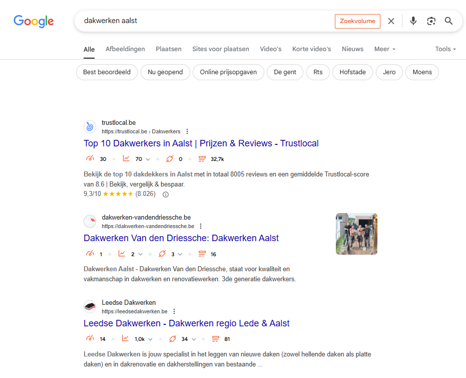 Google zoekresultaten dakwerken Aalst